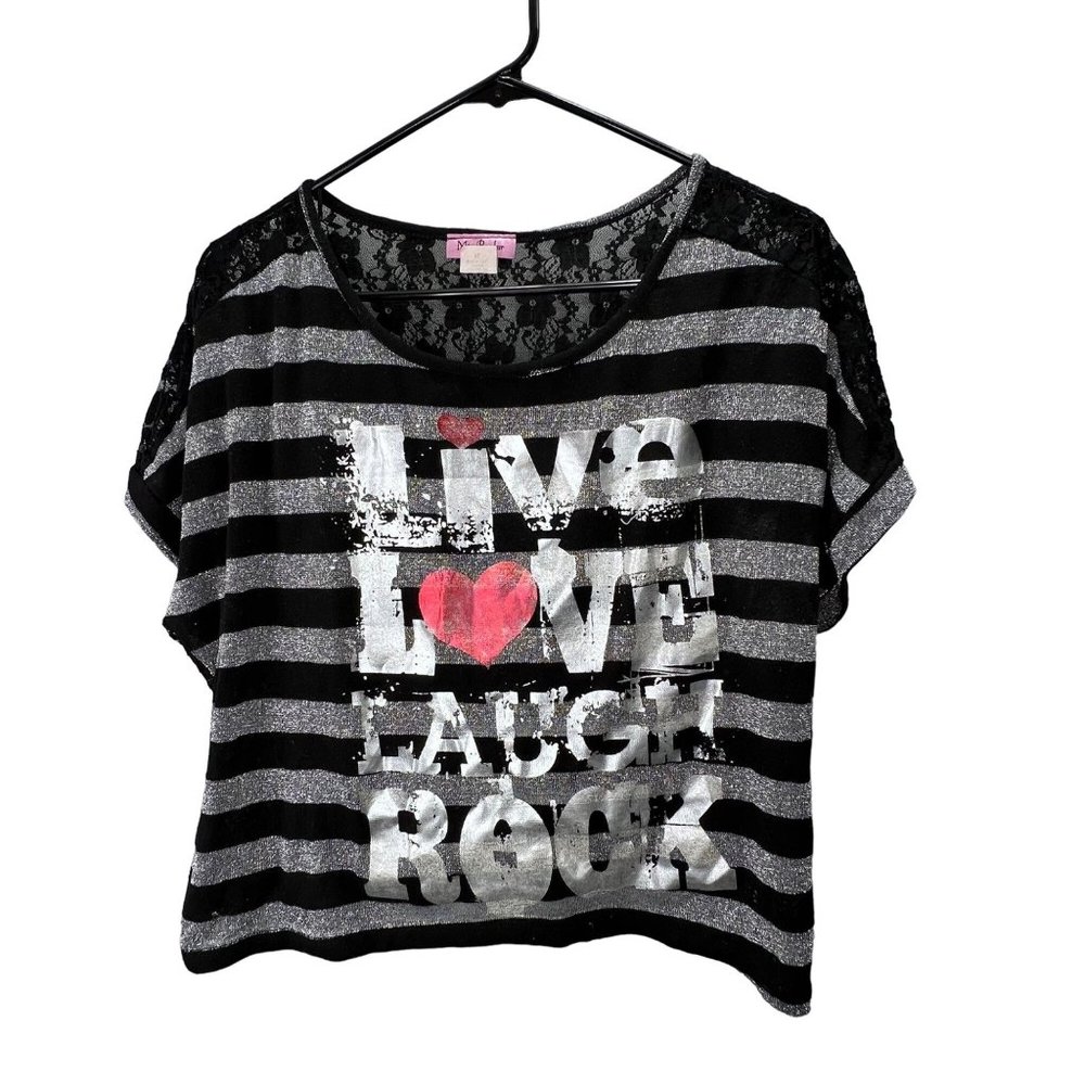 Miss Popular Lace Back Metallic Stripe Top Shirt Glam Rock Silver Black XL Y2K